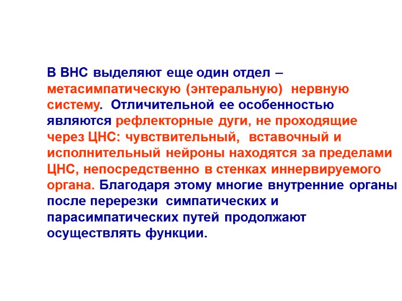 В ВНС выделяют еще один отдел – метасимпатическую (энтеральную) нервную систему. Отличительной В ВНС выделяют еще один отдел – метасимпатическую (энтеральную) нервную систему. Отличительной